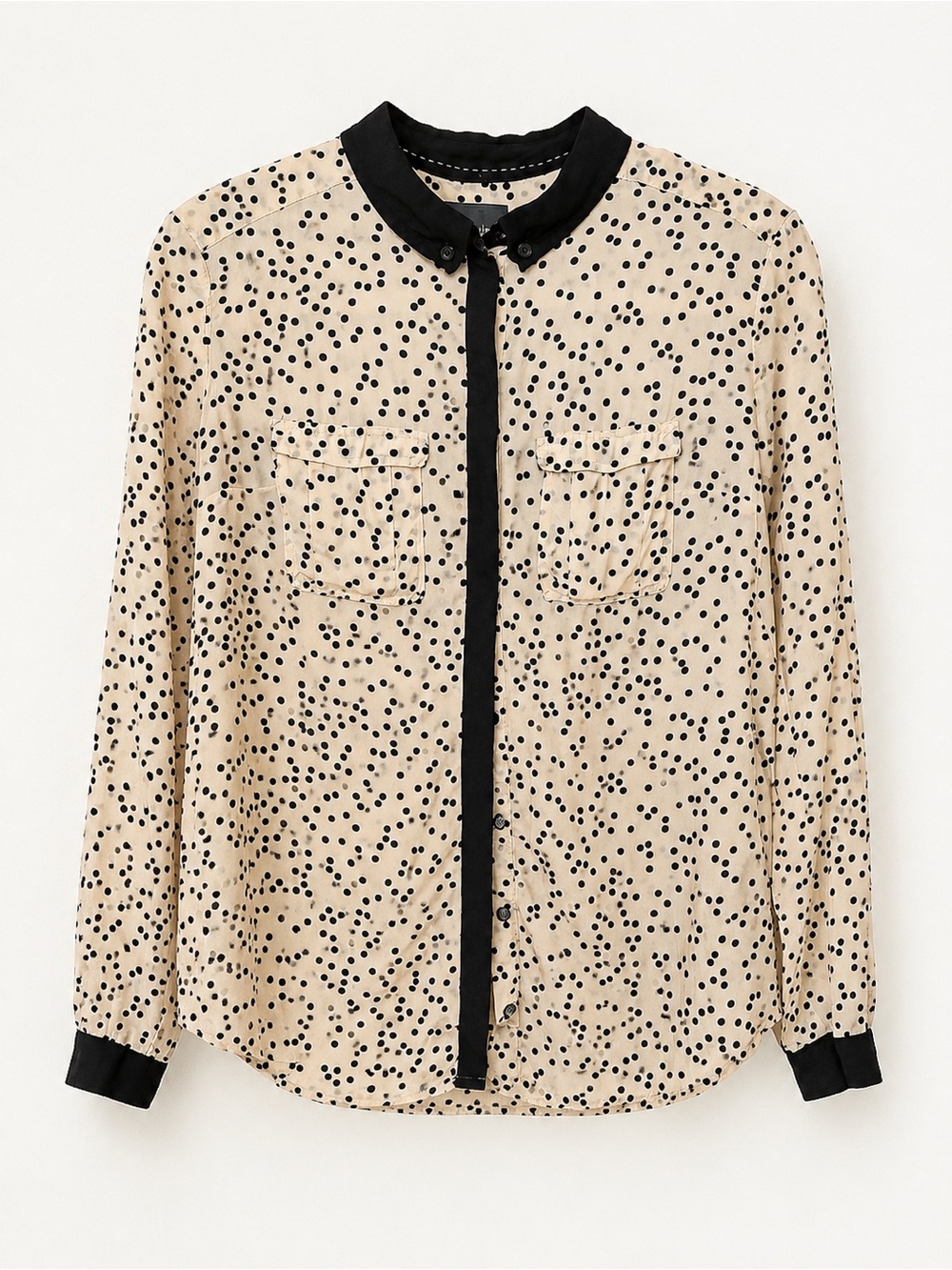 Maeve Beige Polka Dot Button-Down Shirt with Black Trim